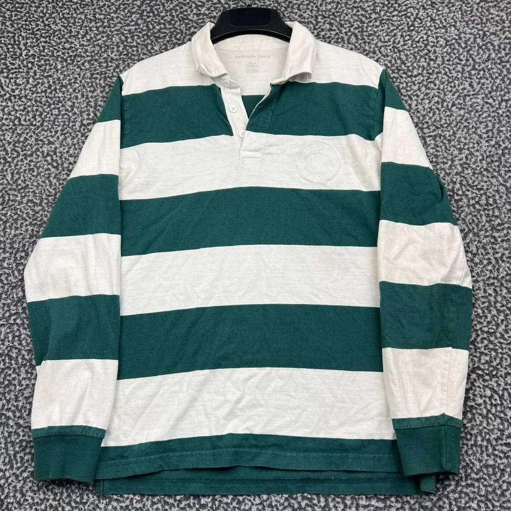 American Eagle Rugby Polo Shirt Men Medium Green Striped Long Sleeve Cotton M